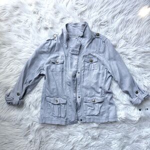 Gray Linen Utility Military Jacket Pockets Stand Up Collar Women Coastal M